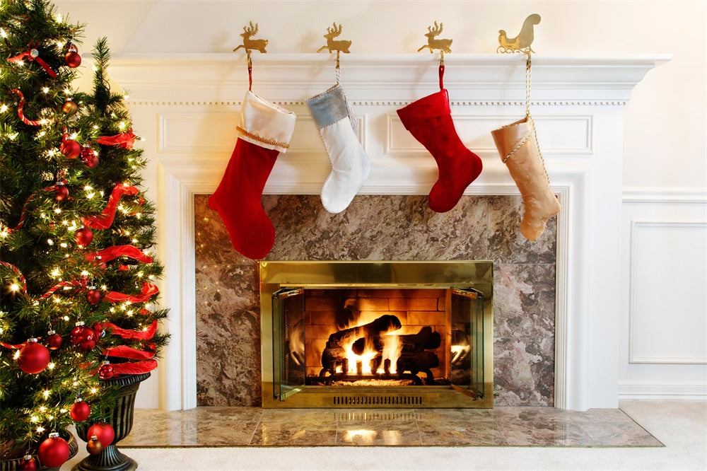 Toile de fond de Cheminée Arbre de Noël Chaussette Blanche RR7-711