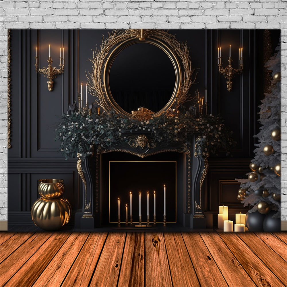 Toile de fond de Mur Noir avec Cheminée et Arbre de Noël RR7-713