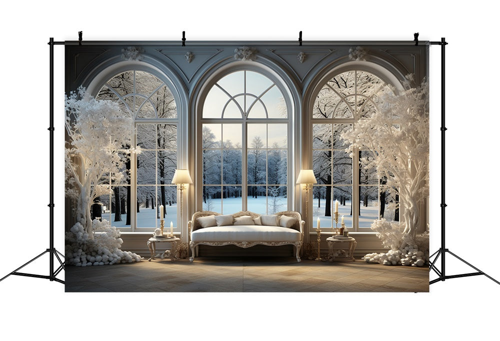 Toile de fond de Fenêtre avec Neige et Arbre de Noël Blanc RR7-717