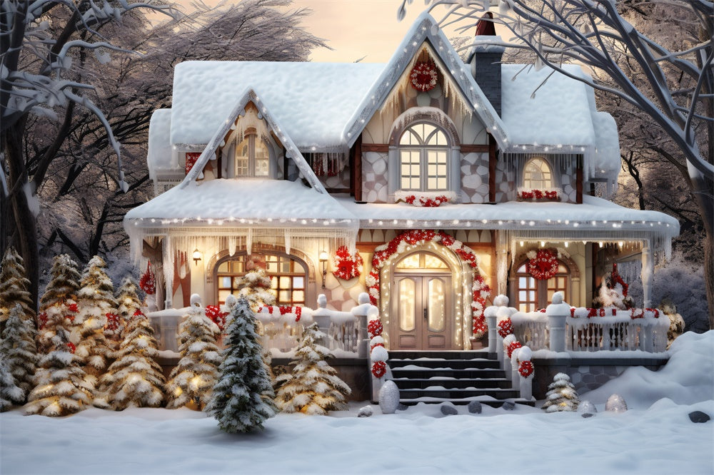Toile de fond de Maison des Bois Neigeux et Arbre de Noël RR7-720