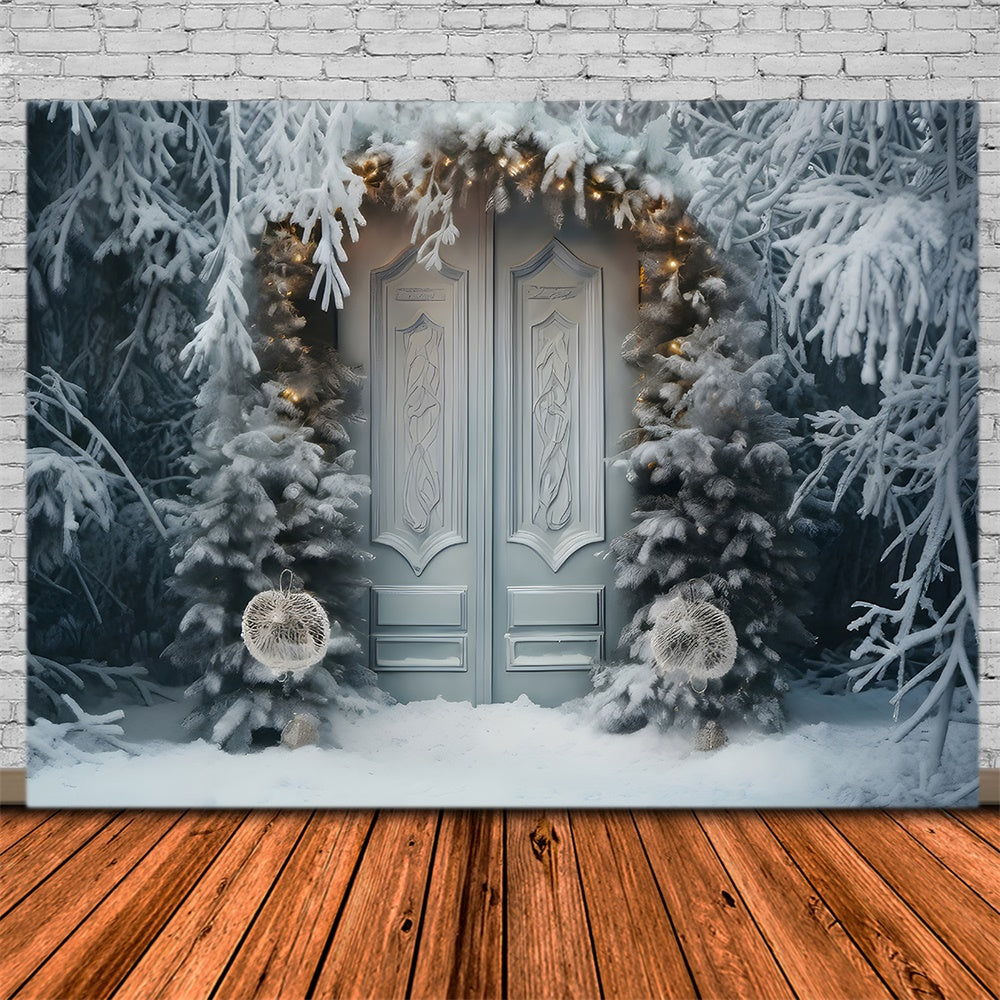 Toile de fond de Porte avec Couronne et Arbre de Noël Gelé RR7-736