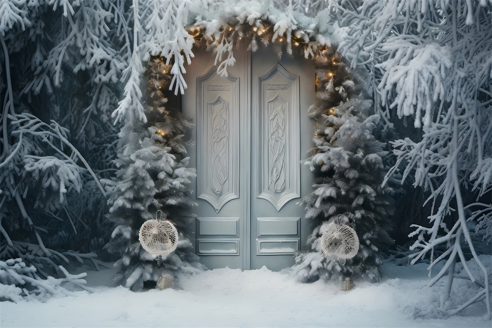 Toile de fond de Porte avec Couronne et Arbre de Noël Gelé RR7-736