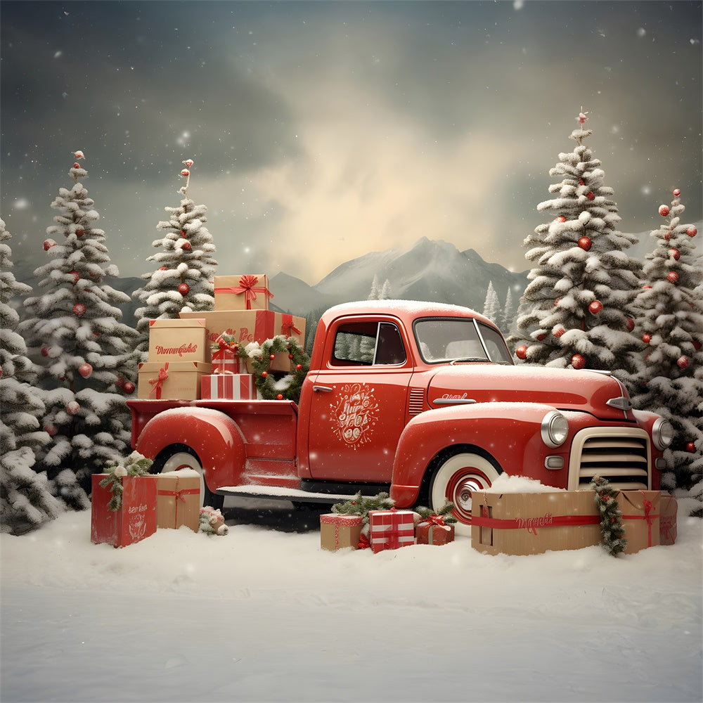 Toile de fond de Camion Rouge et Arbre de Noël Neigeux RR7-739