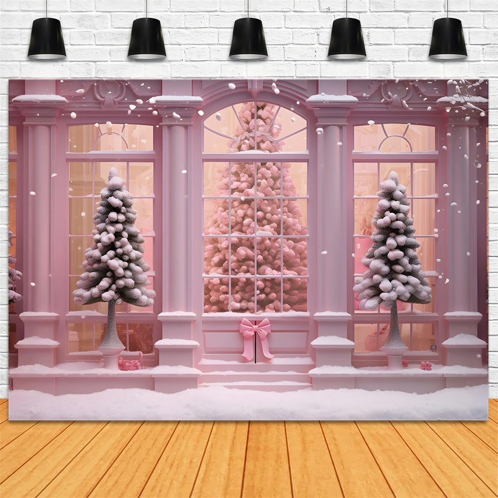 Toile de fond de Maison avec Fenêtre et Arbre de Noël Rose RR7-762