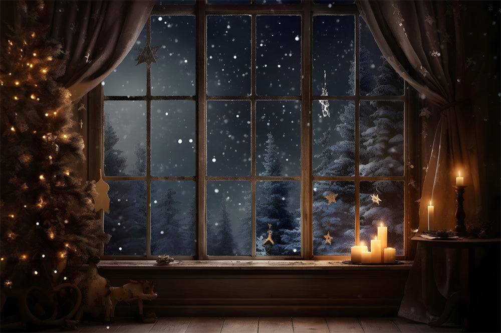 Toile de fond de Nuit de Noël avec Fenêtre et Arbres Neigeux RR7-765