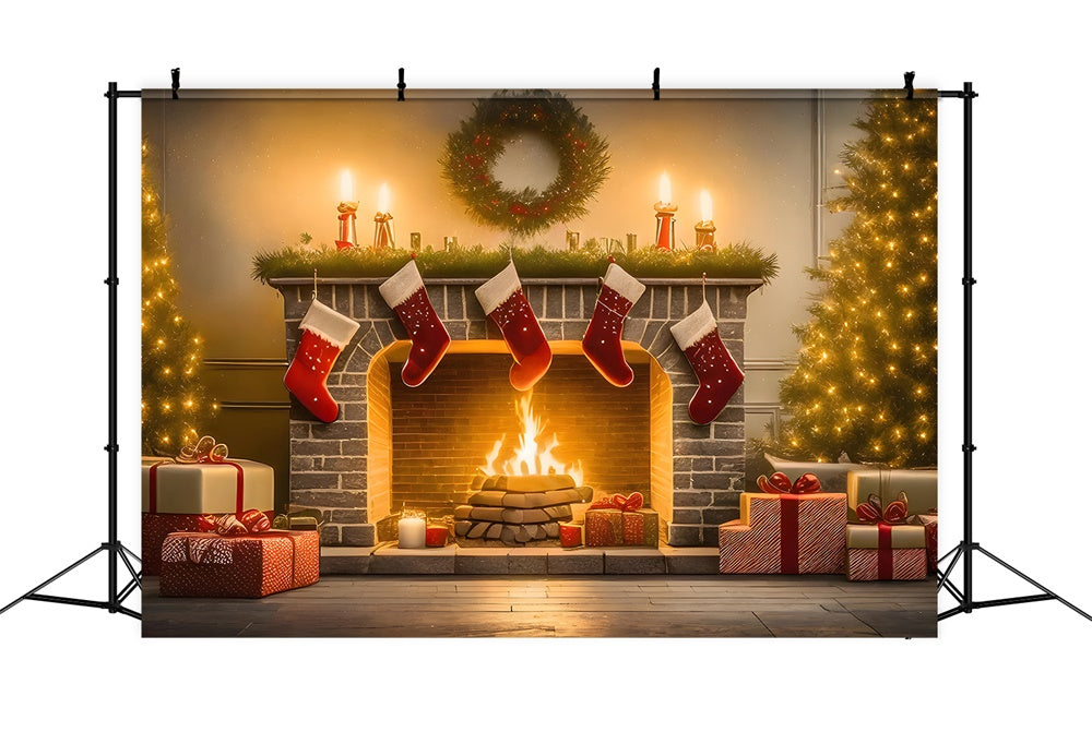 Toile de fond de Cheminée avec Chaussette et Arbre de Noël RR7-770