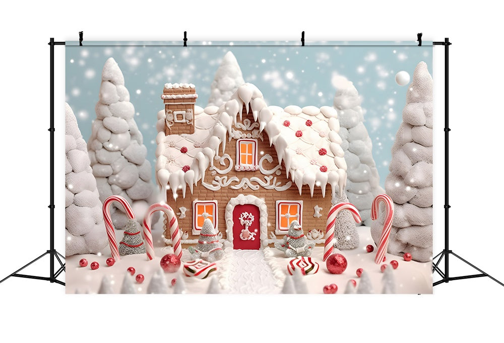 Toile de fond de Maison en Pain d'Épice Neigeuse avec Arbre de Noël RR7-775