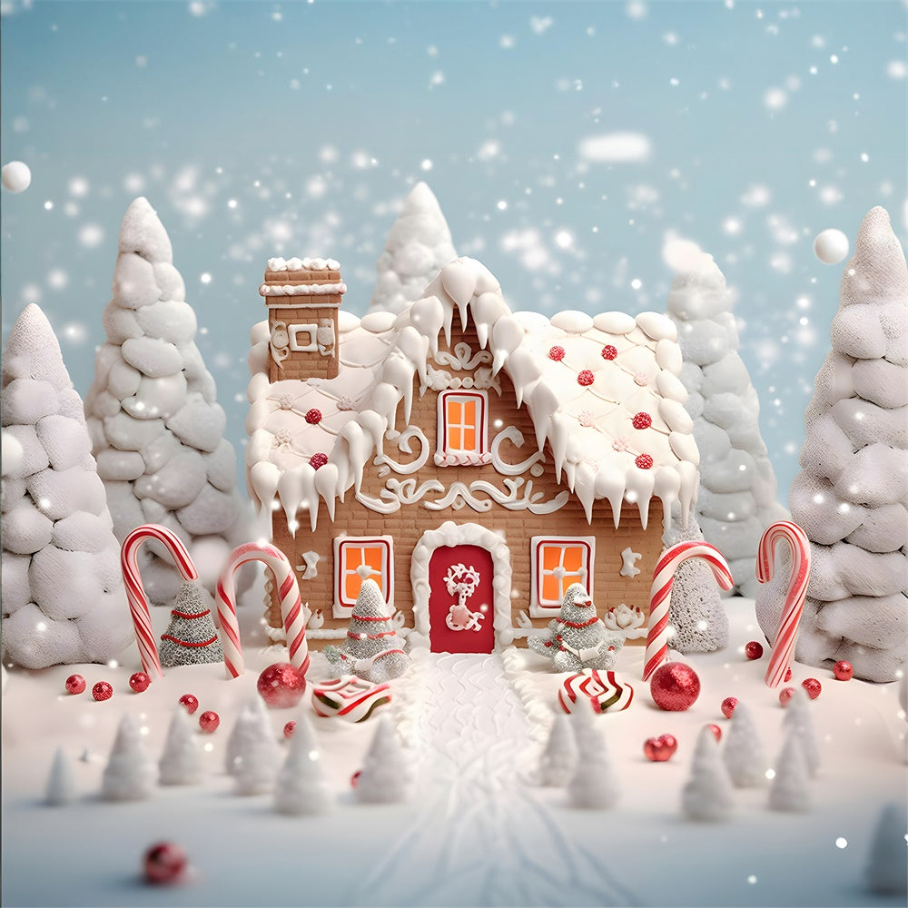 Toile de fond de Maison en Pain d'Épice Neigeuse avec Arbre de Noël RR7-775