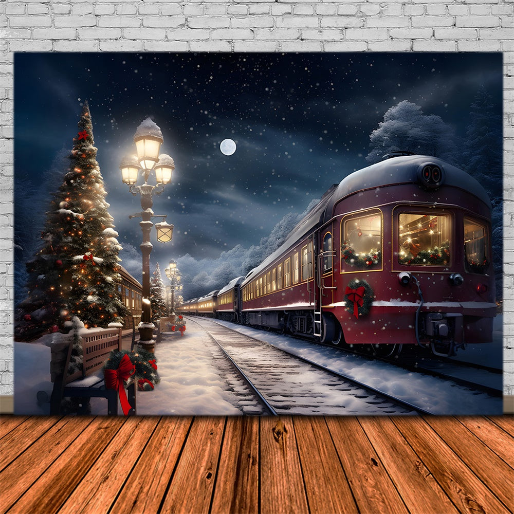 Toile de fond de Train et Arbres en Soirée de Noël RR7-776