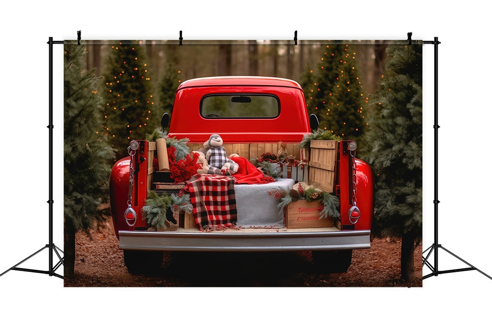 Toile de fond de Ferme de Sapins de Noël avec Camion Rouge RR7-795
