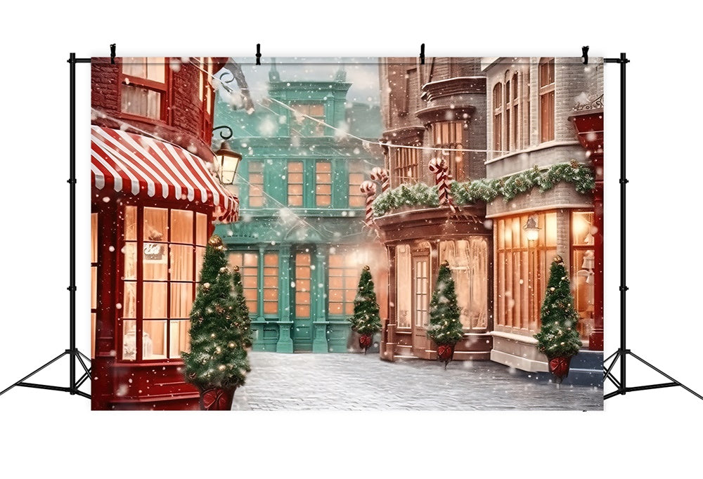 Toile de fond de Rue Neigeuse avec Boutiques de Jouets de Noël RR7-796