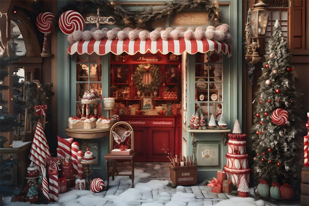 Toile de fond de Magasin de Bonbons Neigeux avec Arbre de Noël RR7-798