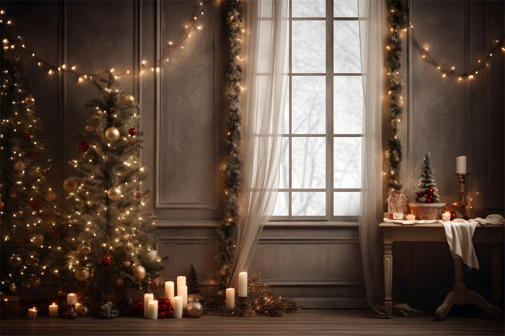 Toile de fond de Fenêtre avec Arbre de Noël et Lumières RR7-799