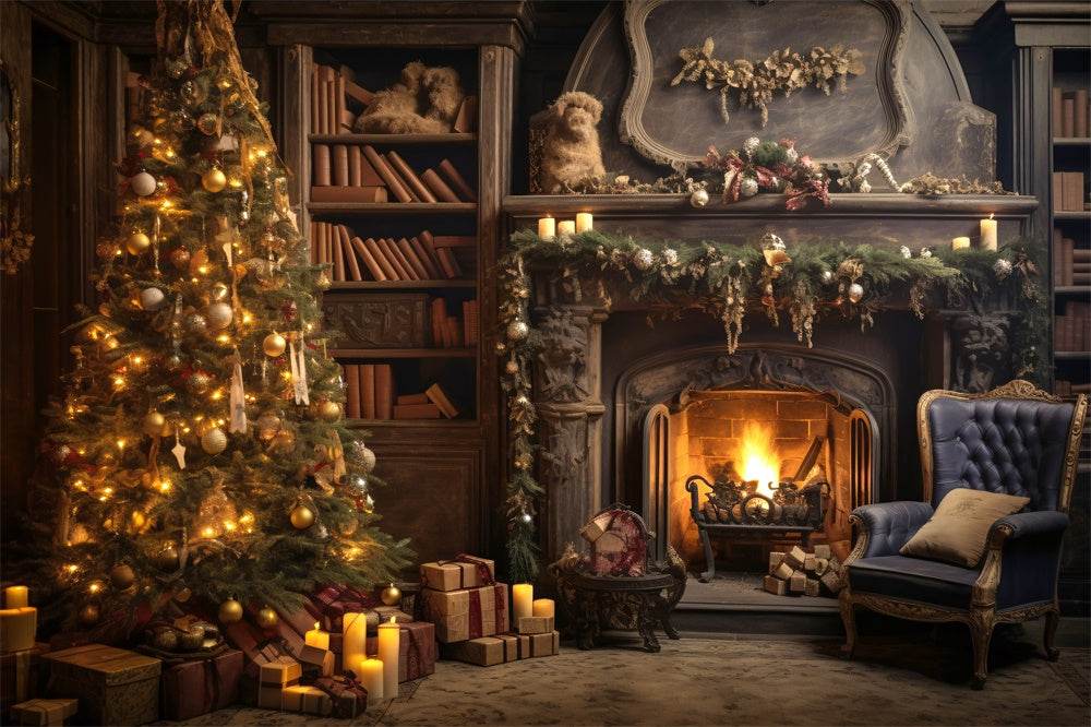 Toile de fond de Cheminée avec Arbre de Noël et Lumières RR7-804