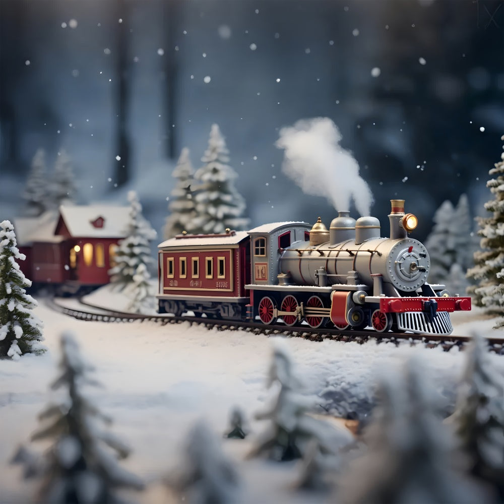 Toile de fond de Train et Maison avec Arbre de Noël Neigeux RR7-807