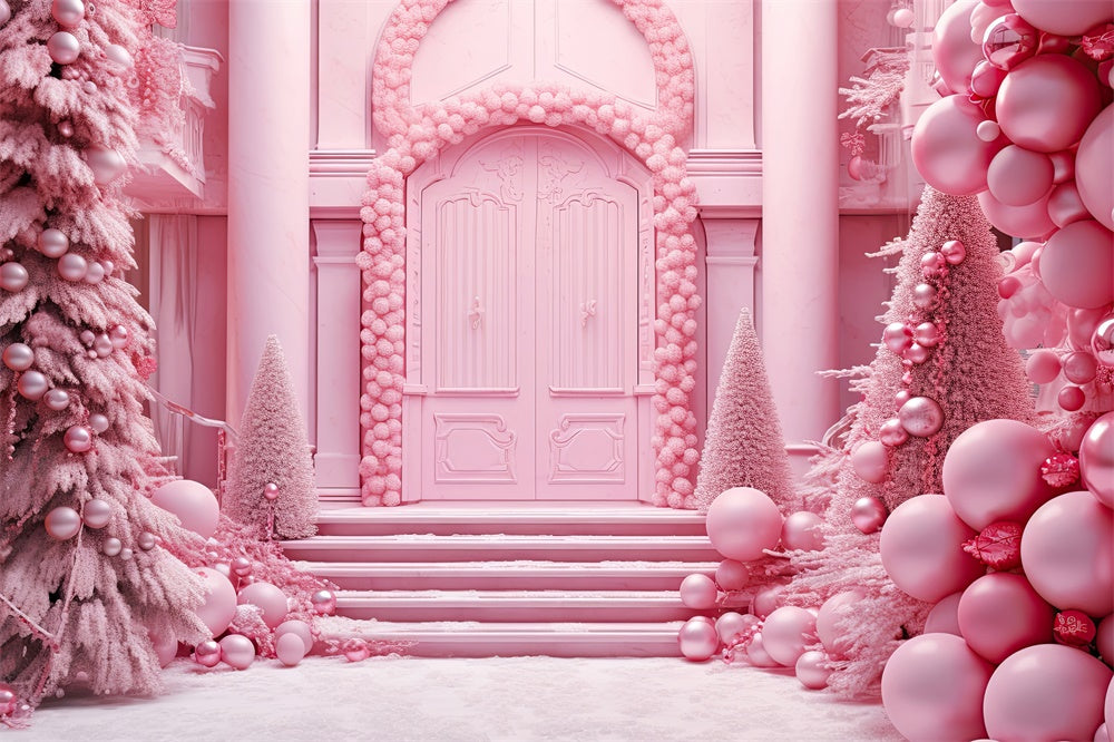 Toile de fond de Maison avec Porte et Arbre de Noël Rose RR7-814