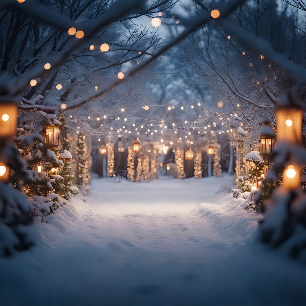 Toile de fond de Route Neigeuse avec Arbres de Noël Lumineux RR7-822