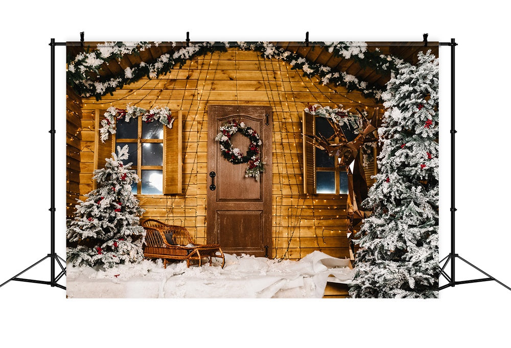 Toile de fond de Maison en Bois avec Arbre de Noël Neigeux RR7-826