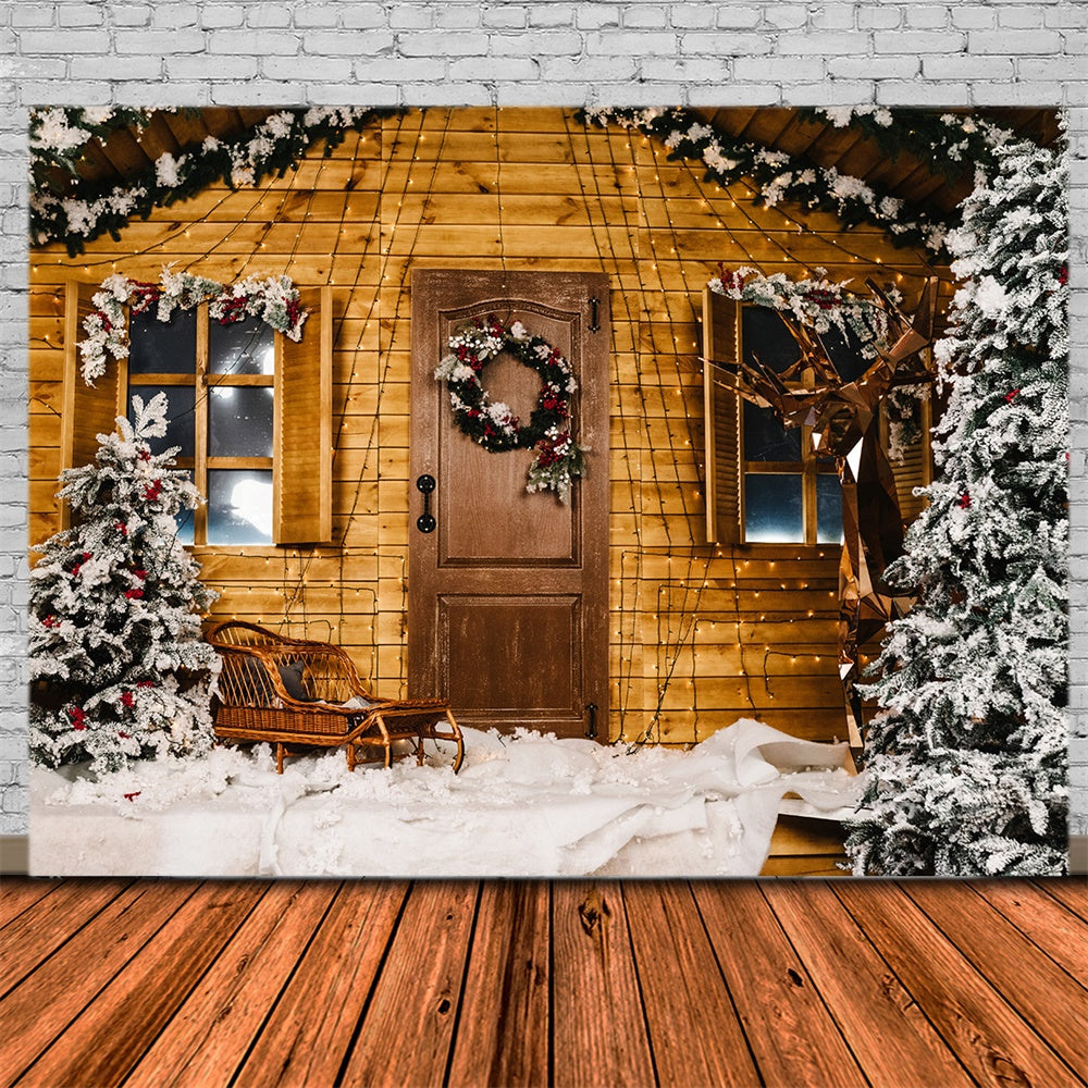Toile de fond de Maison en Bois avec Arbre de Noël Neigeux RR7-826