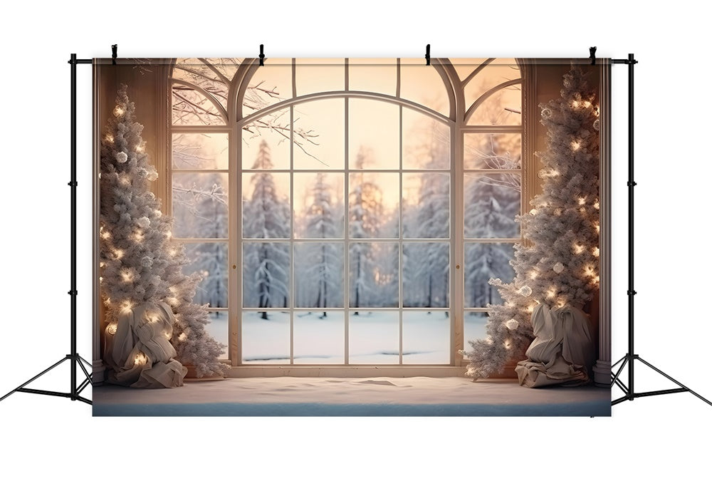 Toile de fond de Fenêtre avec Forêt Neigeuse et Arbre de Noël RR7-833