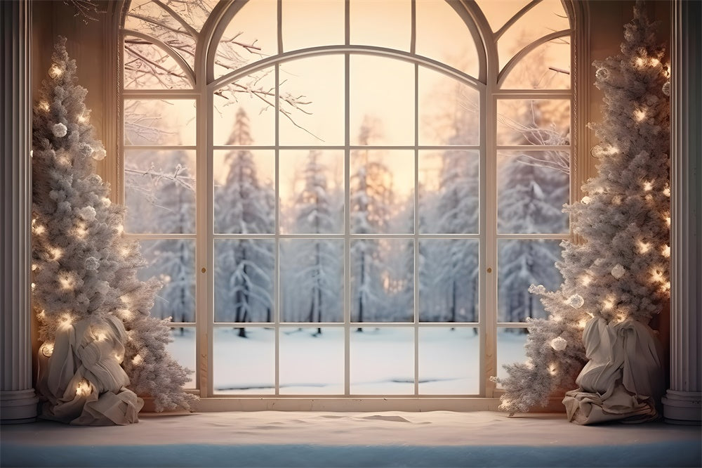 Toile de fond de Fenêtre avec Forêt Neigeuse et Arbre de Noël RR7-833