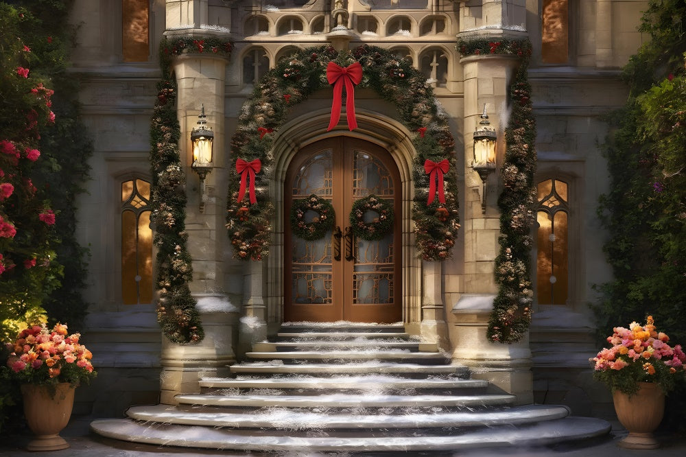 Toile de fond de Porte Décorée de Noël avec Neige RR7-843