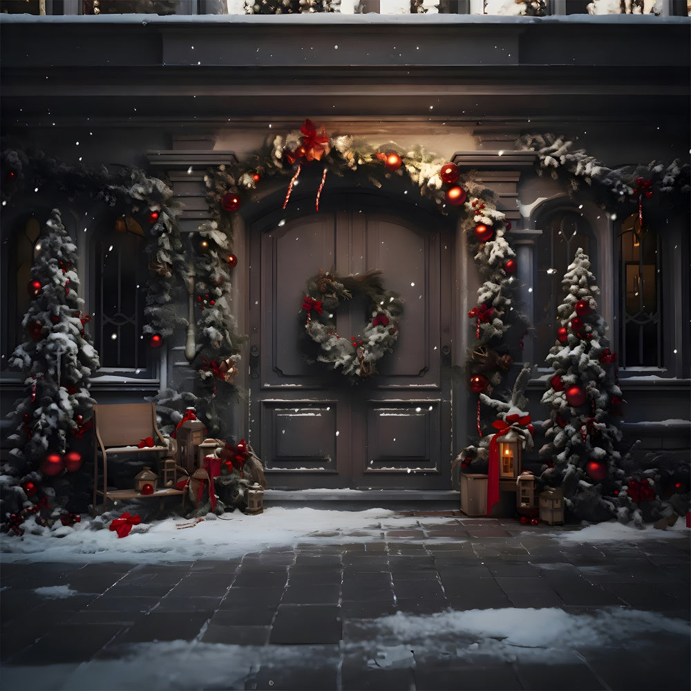 Toile de fond de Porte avec Arbres de Noël et Couronne RR7-848