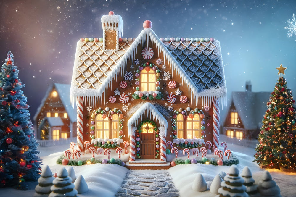 Toile de fond de Maison en Pain d'Épice avec Canne en Sucre de Noël RR7-880