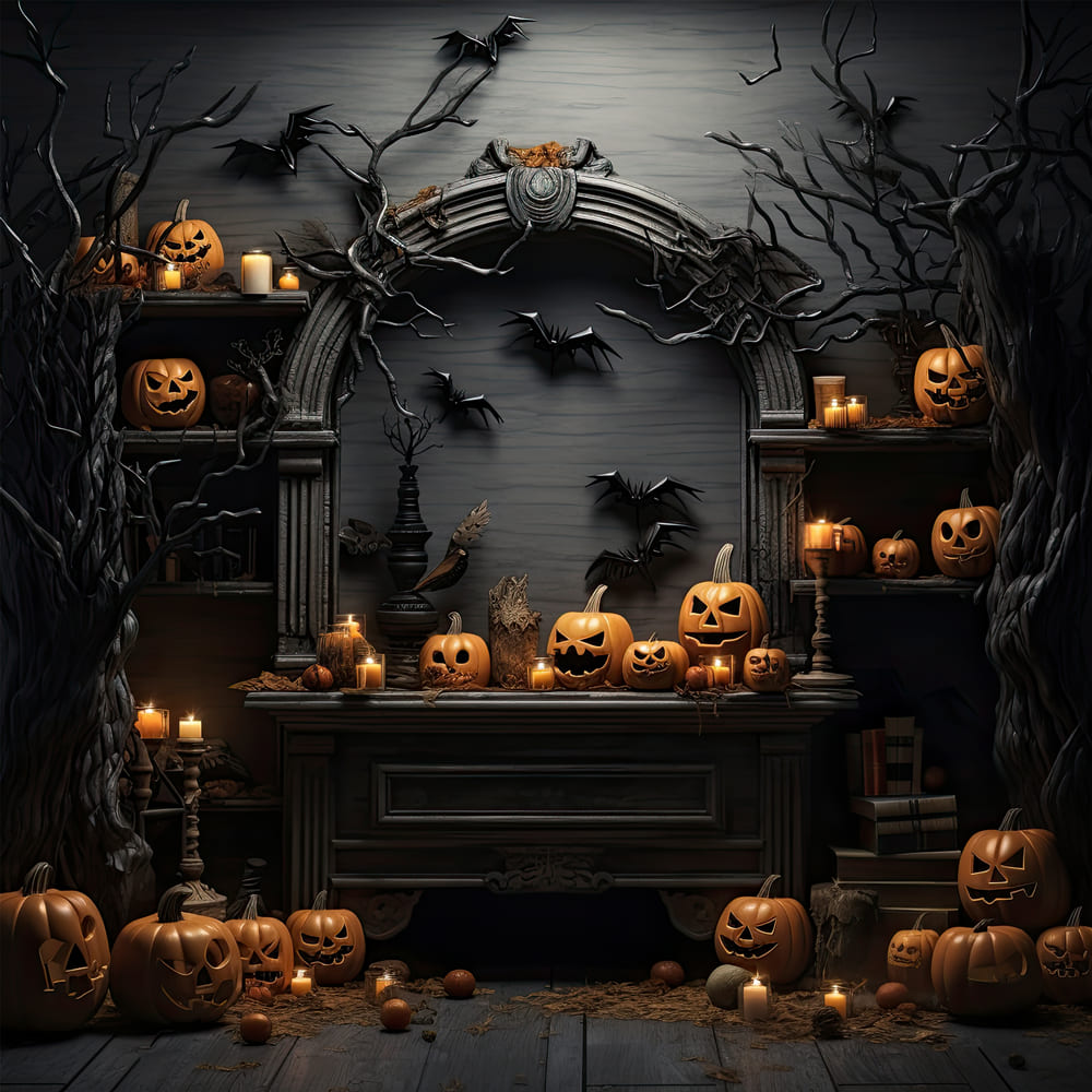 Toile de Fond de Citrouilles Maléfiques de Maison de Sorcière d'Halloween RR7-96