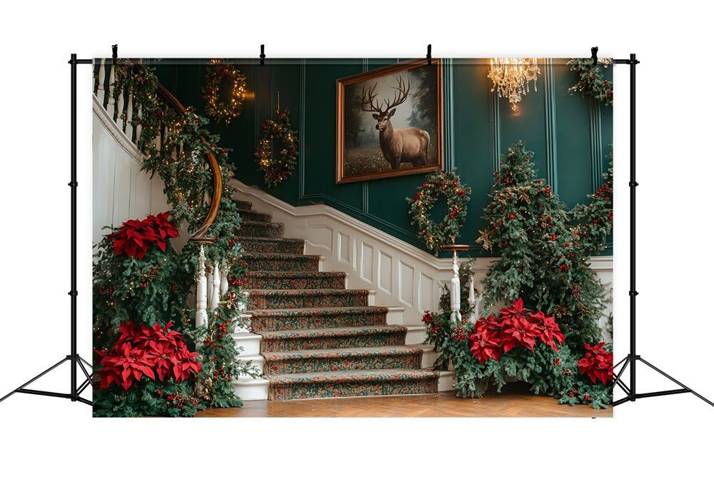 Toile de fond Escalier Sapins et Fleurs de Noël RR8-106