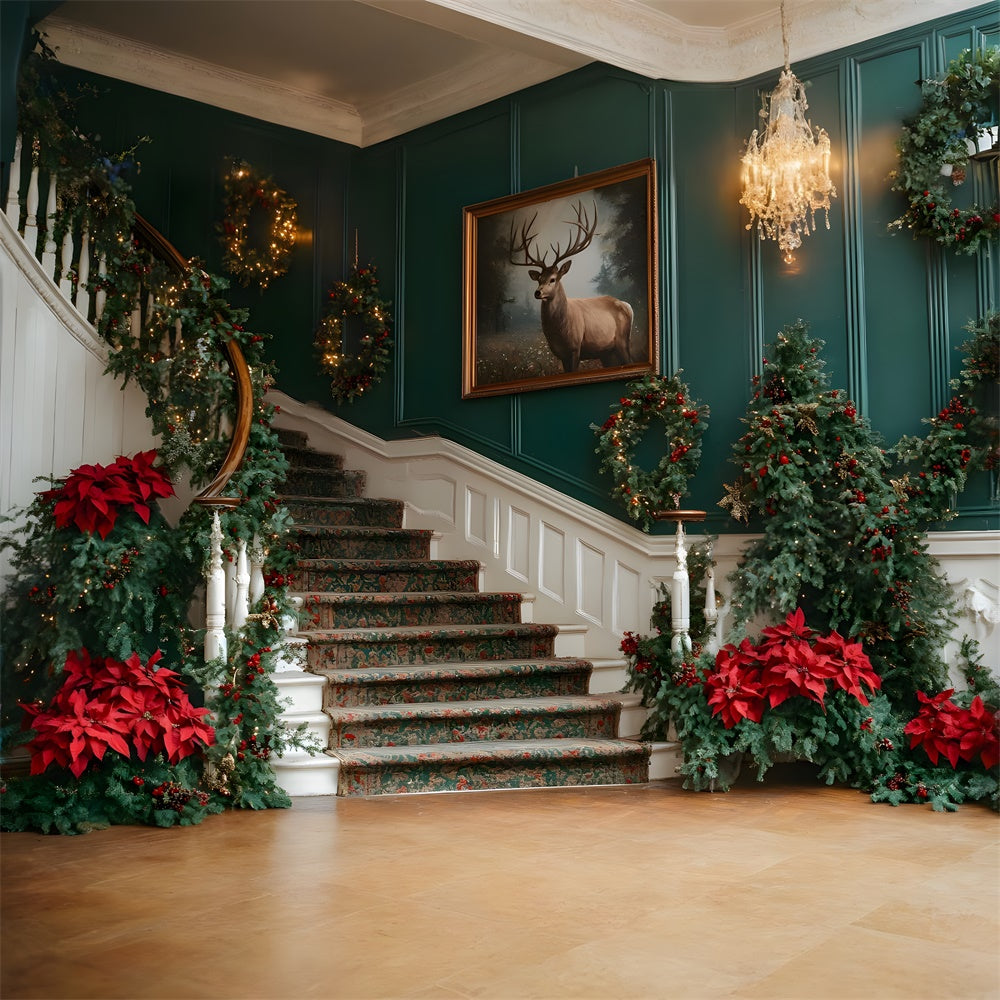 Toile de fond Escalier Sapins et Fleurs de Noël RR8-106