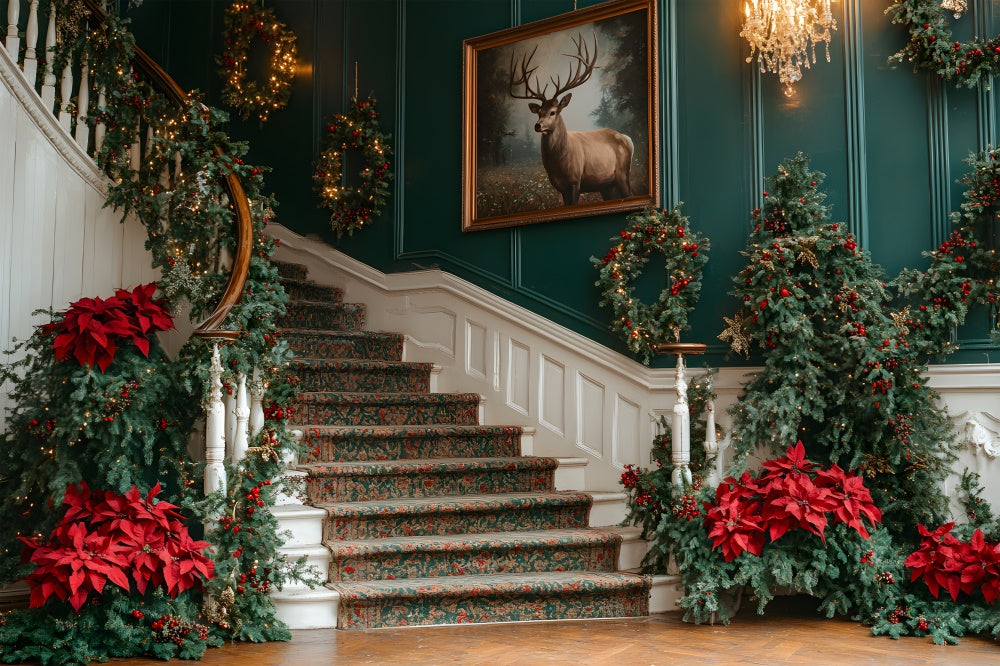 Toile de fond Escalier Sapins et Fleurs de Noël RR8-106