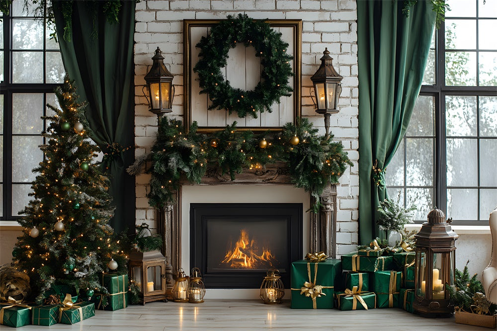 Toile de fond Fenêtre Cheminée Sapins de Noël RR8-120