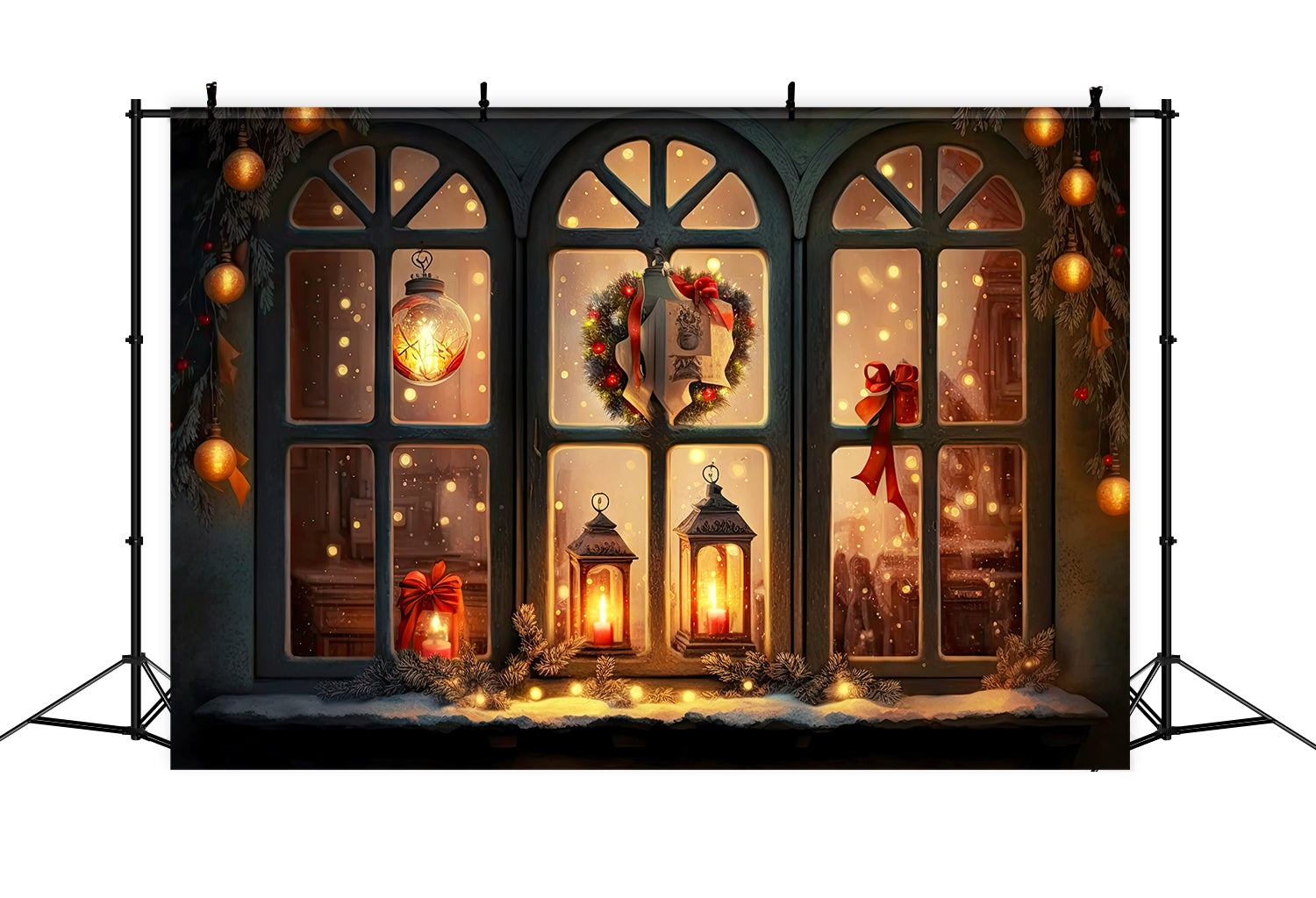 Toile de Fond de Fenêtre de Noël avec Lanternes Lumineuses RR8-137