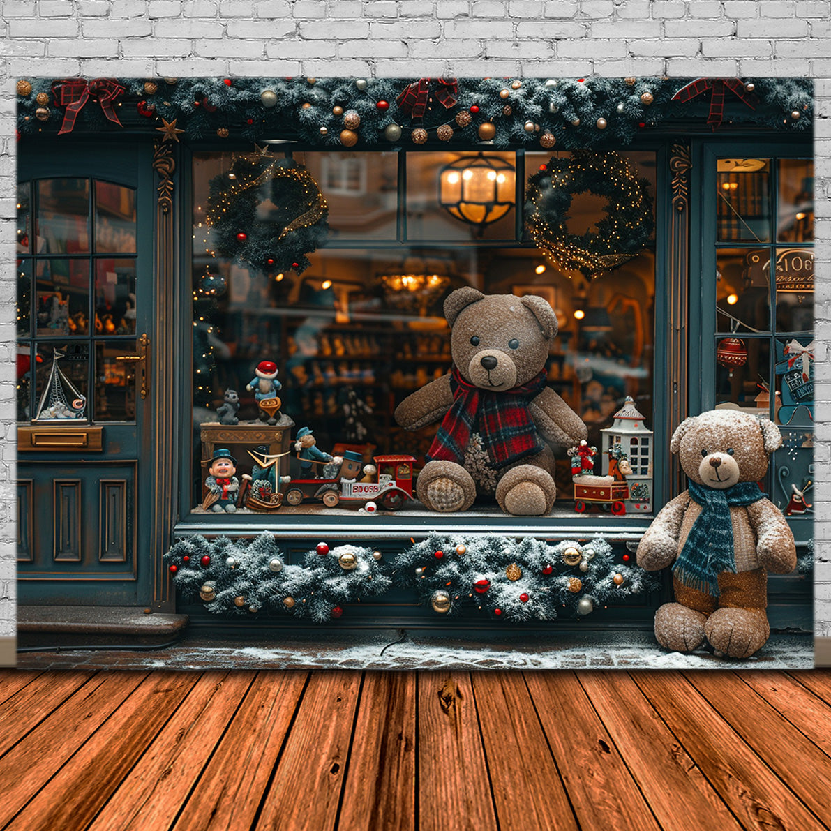 Toile de Fond de Vitrine de Magasin de Jouets Oursons de Noël RR8-146