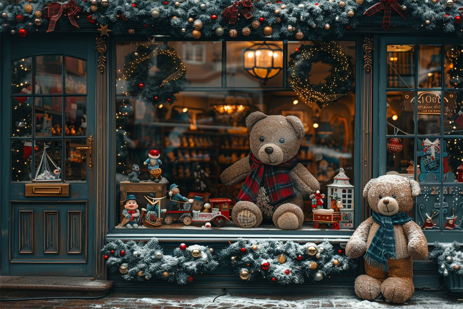 Toile de Fond de Vitrine de Magasin de Jouets Oursons de Noël RR8-146