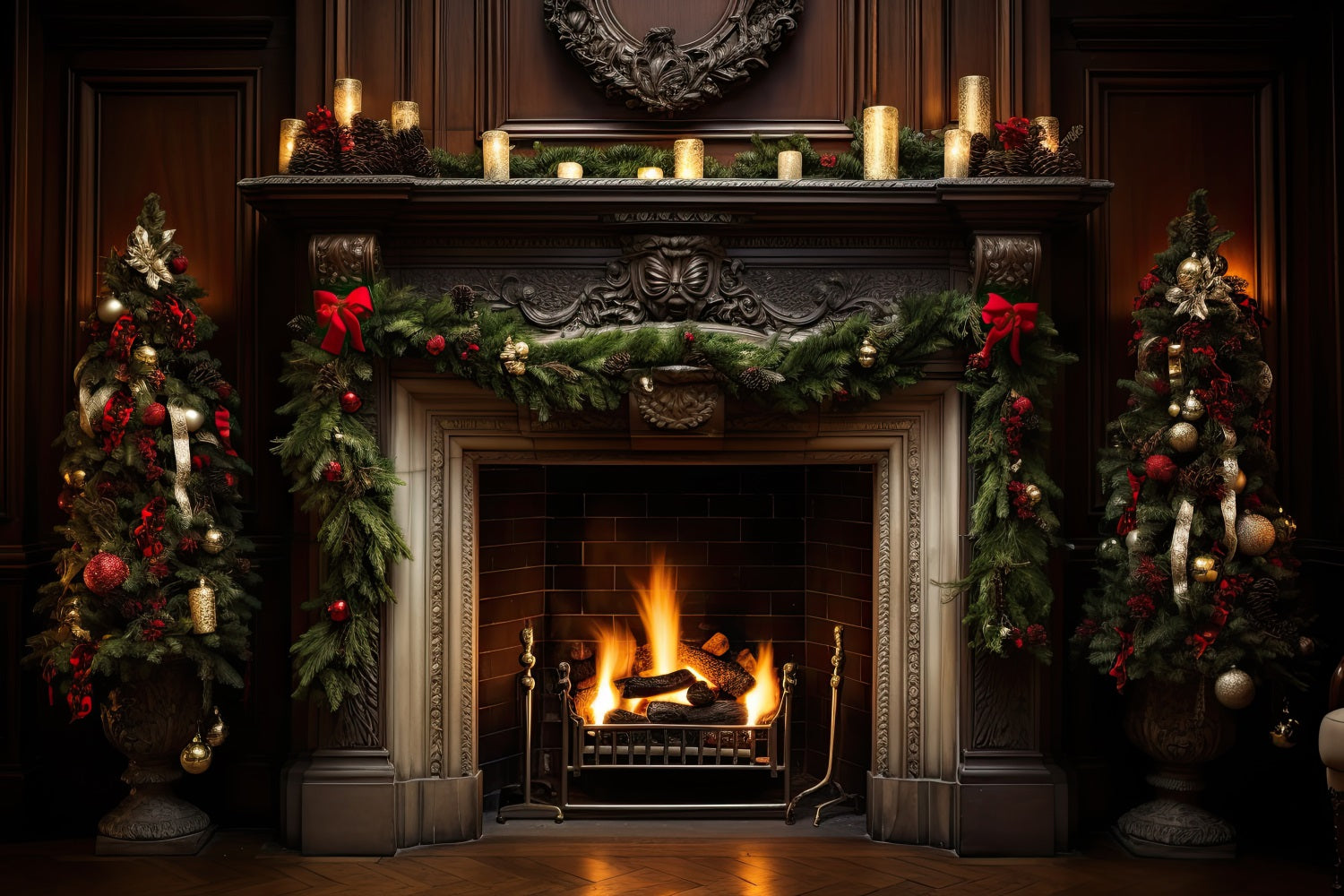 Toile de Fond Élégante de Foyer avec Guirlande de Noël RR8-158