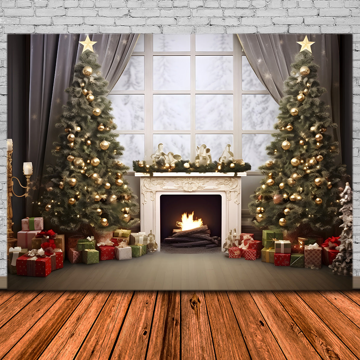 Toile de Fond Confortable de Foyer de Chalet avec Arbre de Noël RR8-165