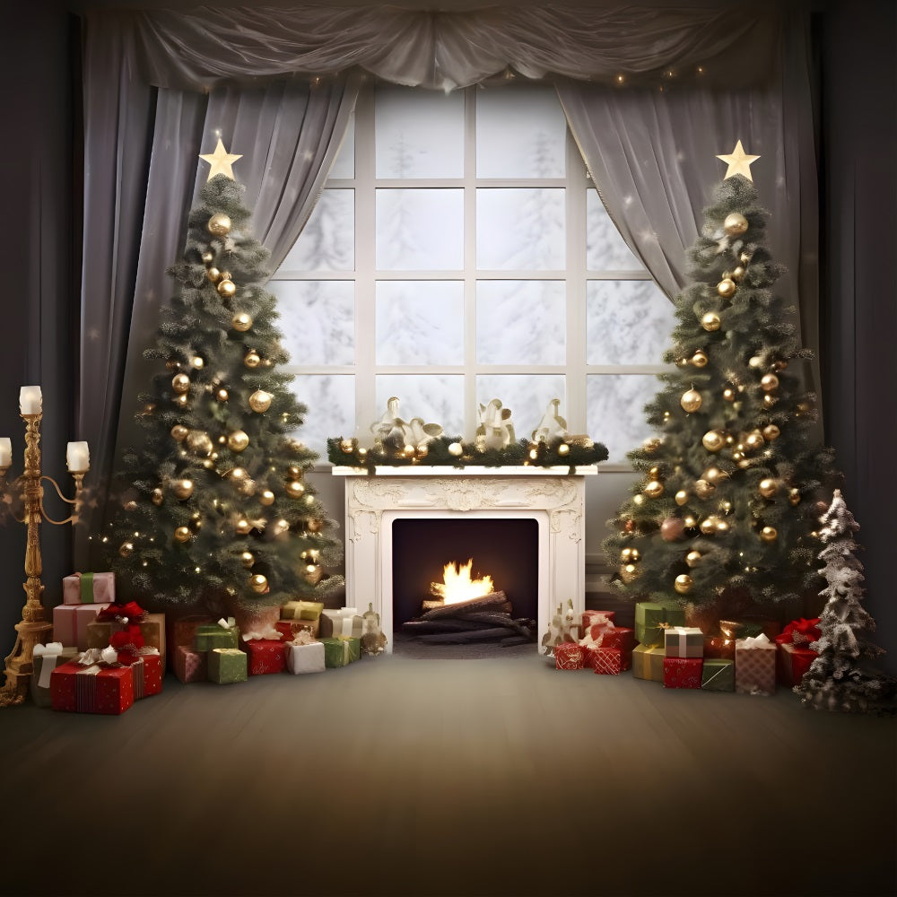 Toile de Fond Confortable de Foyer de Chalet avec Arbre de Noël RR8-165