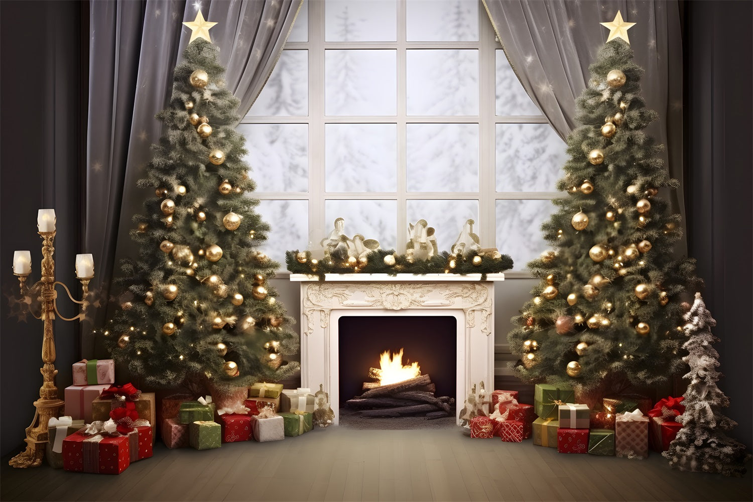 Toile de Fond Confortable de Foyer de Chalet avec Arbre de Noël RR8-165