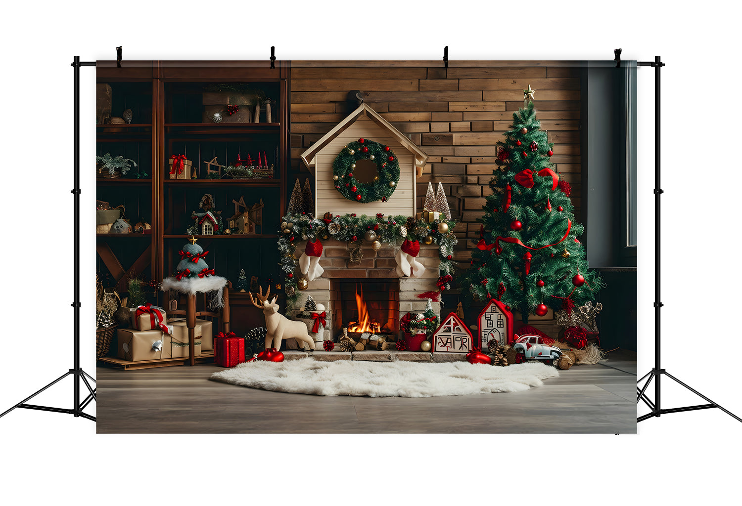 Toile de Fond de Foyer de Chalet Rustique avec Arbre de Noël RR8-167