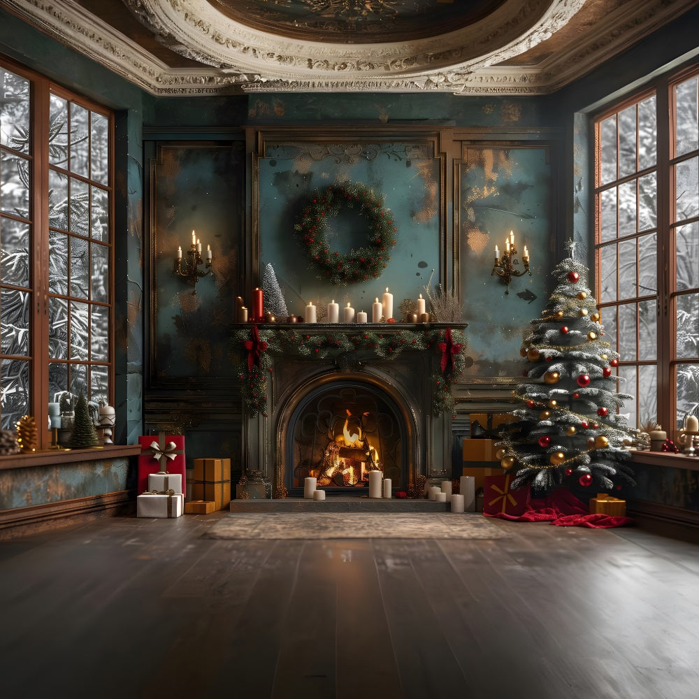 Toile de Fond de Foyer Vintage Confortable avec Arbre de Noël RR8-169