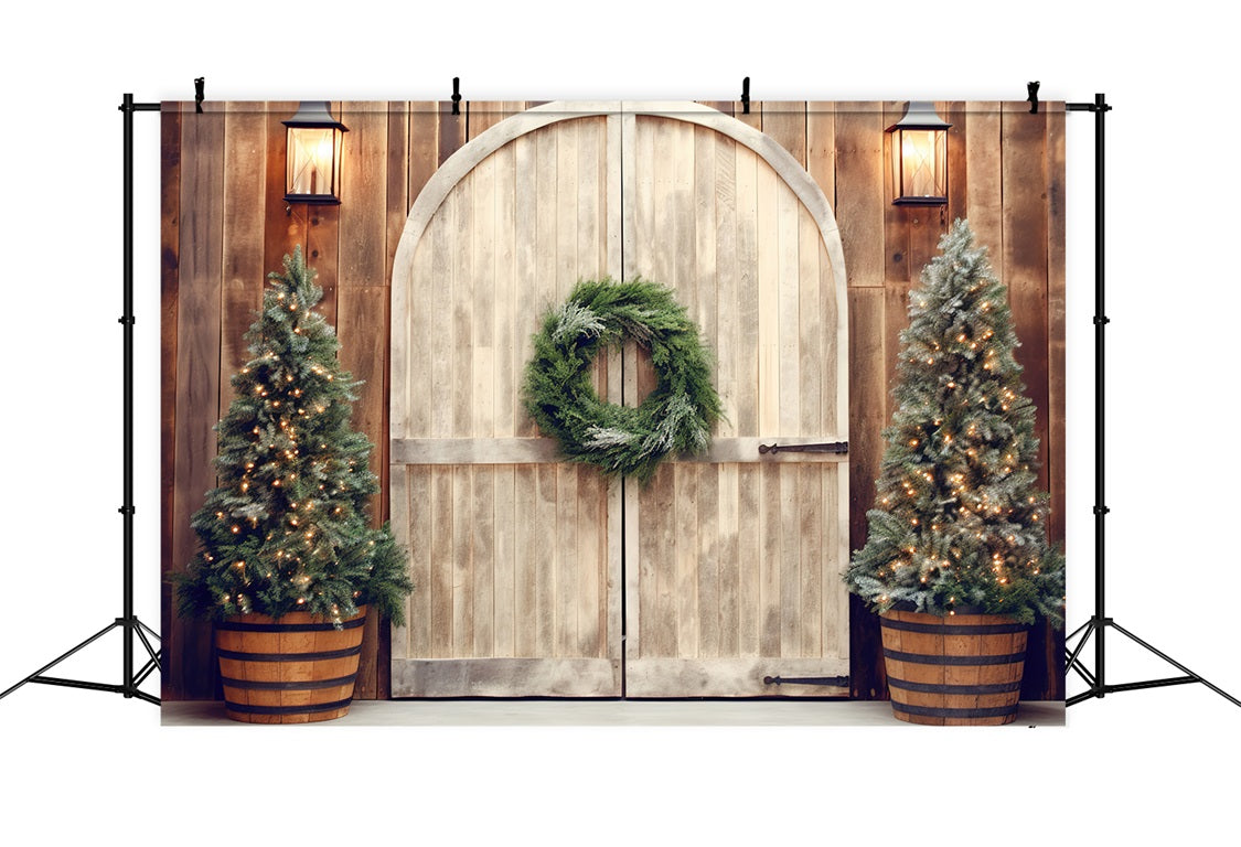 Toile de Fond d'Entrée Rustique avec Arbres Illuminés de Noël RR8-178