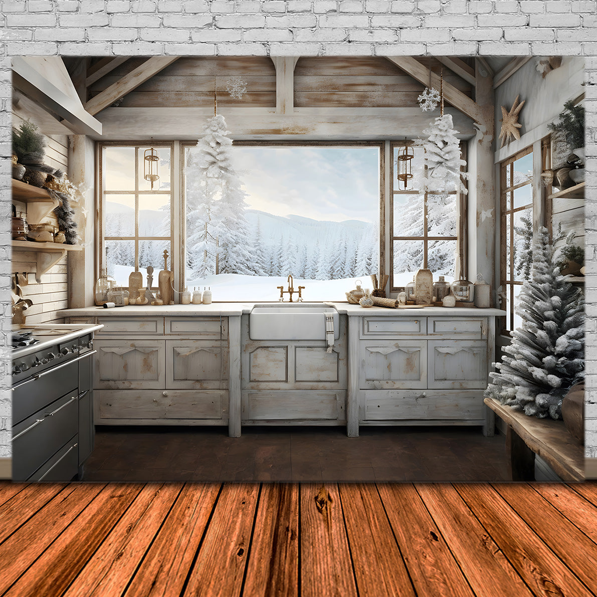 Toile de Fond Confortable de Cuisine Enneigée de Noël RR8-217
