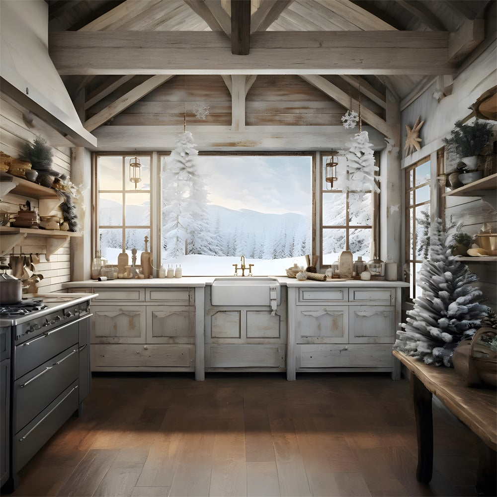 Toile de Fond Confortable de Cuisine Enneigée de Noël RR8-217