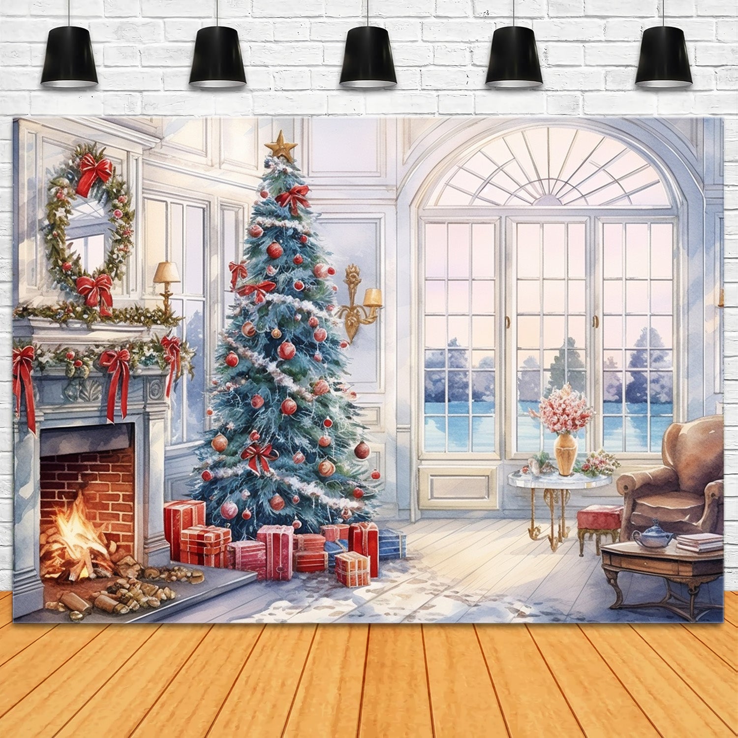 Toile de Fond Vintage de Salon Confortable avec Foyer de Noël RR8-219