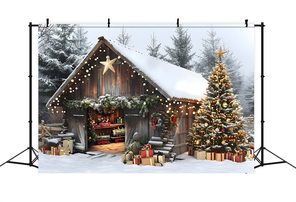 Toile de fond Maison en Bois Sapins Illuminés de Noël RR8-23