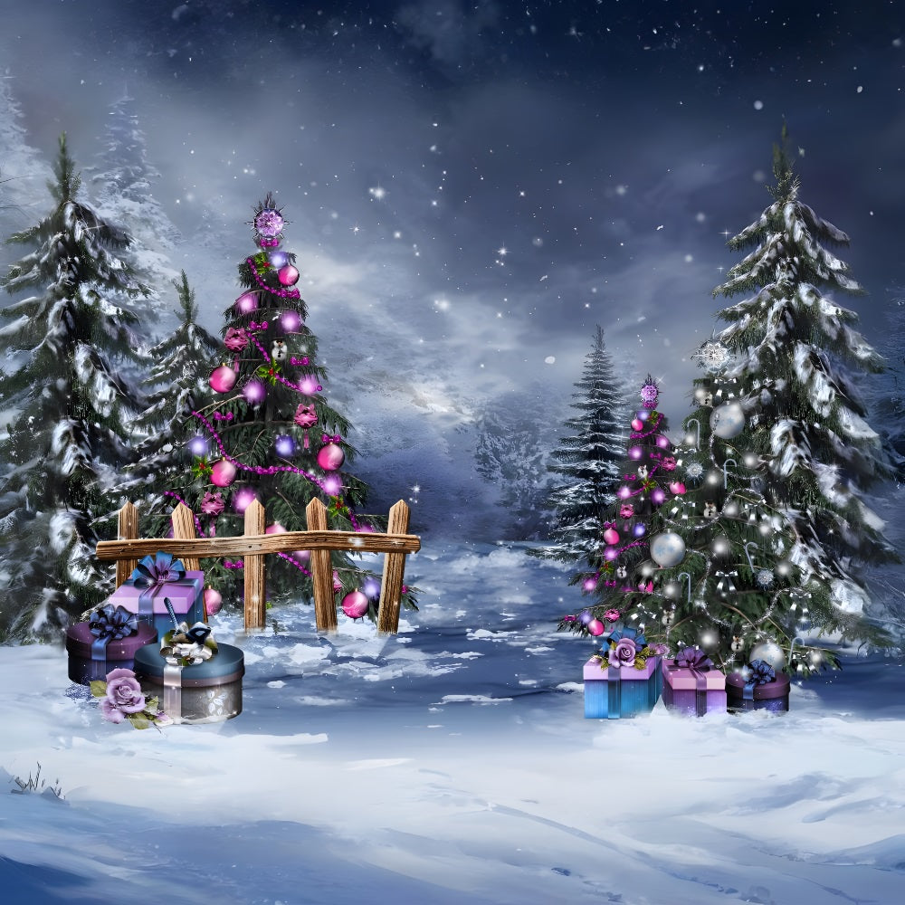 Toile de Fond de Forêt Hivernale Enchantée avec Cadeaux de Noël RR8-233