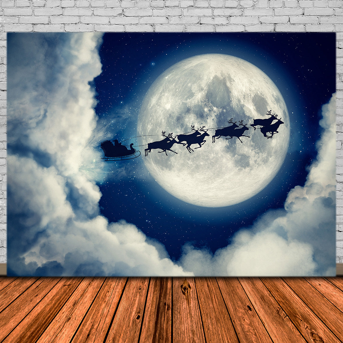 Toile de Fond de Silhouette de Traîneau du Père Noël avec Pleine Lune RR8-236