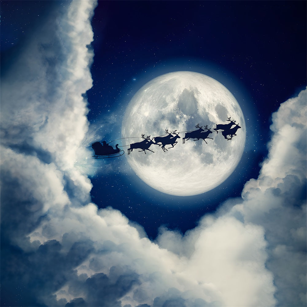 Toile de Fond de Silhouette de Traîneau du Père Noël avec Pleine Lune RR8-236